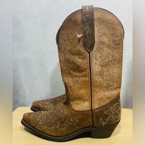 Western Cowgirl Mid-Calf Boots Brown Leather Rhinestones Snip Toe Size 8M